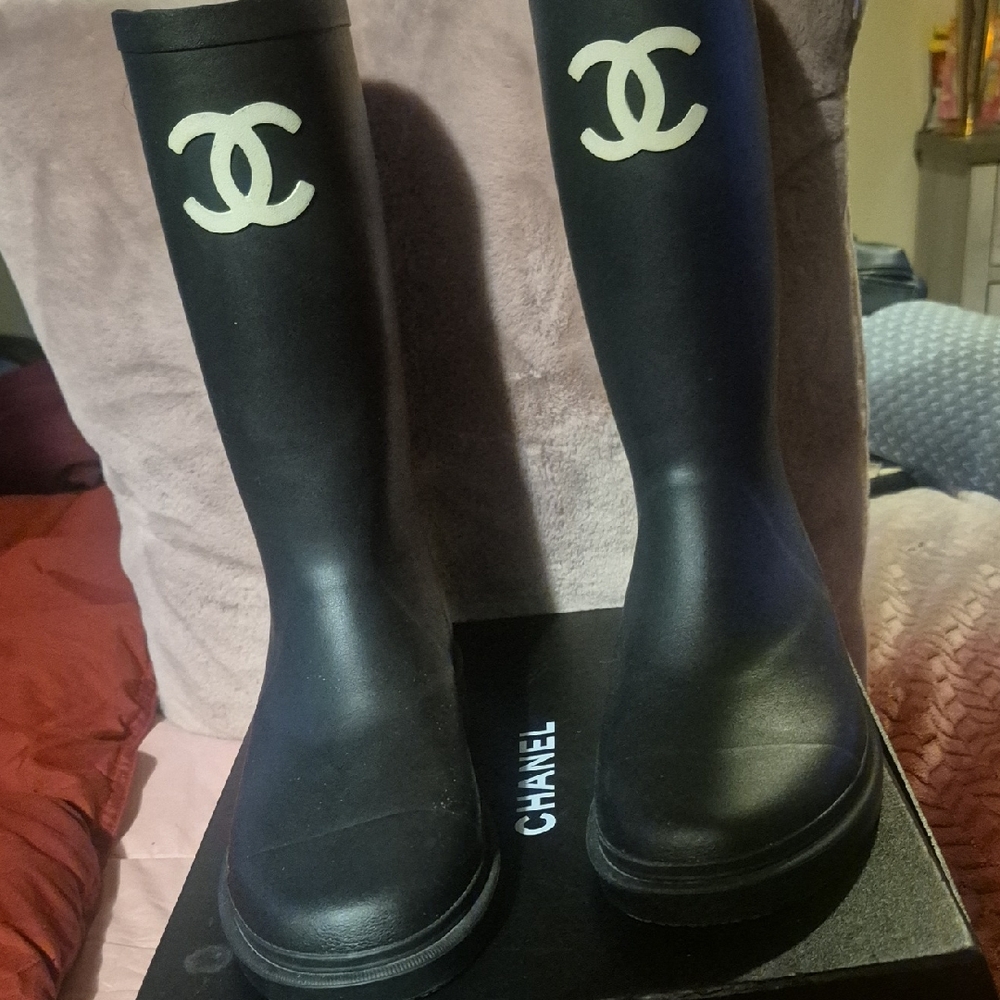 CHANEL Black and White Logo Rain Boots